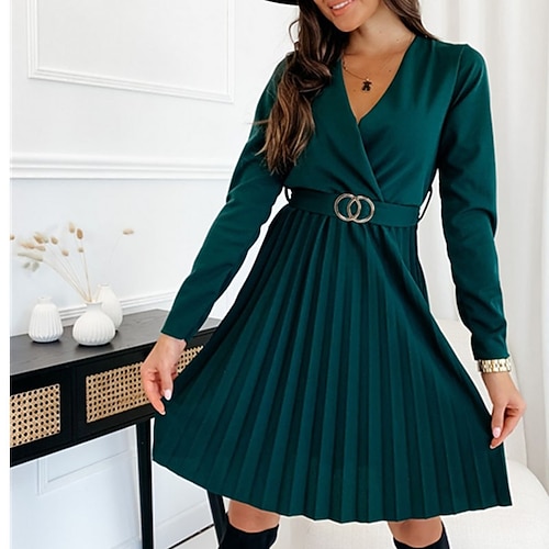 

Women's Emerald Green Dress Green Black Wine Long Sleeve Pure Color Ruched Winter Fall Autumn V Neck Winter Dress Weekend Fall Dress 2022 S M L XL XXL