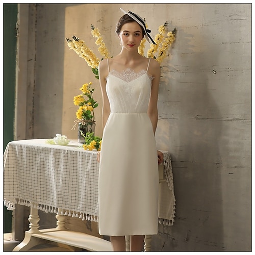 

Sheath / Column Wedding Dresses Square Neck Tea Length Lace Satin Sleeveless Simple Vintage Little White Dress 1950s with Solid Color 2022