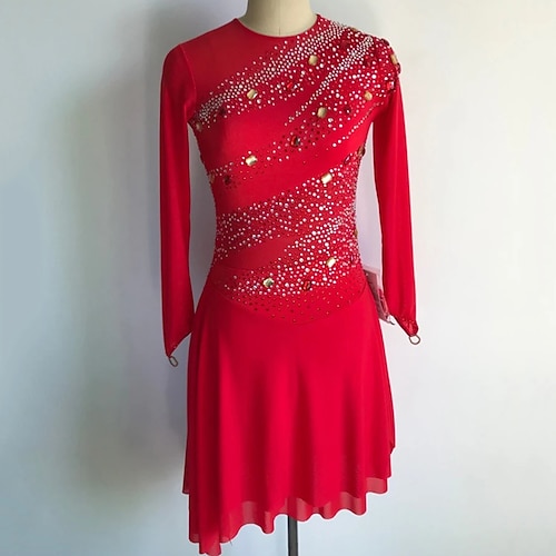 

Figure Skating Dress Women's Girls' Ice Skating Dress Outfits Red Open Back Mesh Spandex High Elasticity Competition Skating Wear Handmade Crystal / Rhinestone Long Sleeve Ice Skating Figure Skating