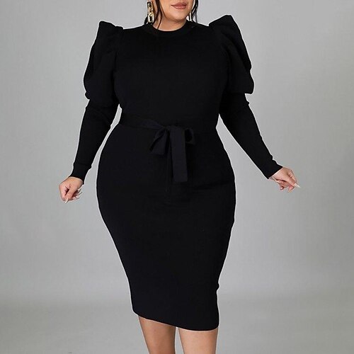 

Women's Plus Size Party Dress Solid Color Crew Neck Ruched Long Sleeve Fall Winter Casual Prom Dress Midi Dress Daily Vacation Dress / Homecoming Dress