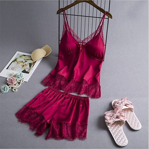 

Women's Pajamas Sets Nighty Pjs 2 Pieces Pure Color Gothic Fashion Simple Home Daily Bed Satin Breathable Gift Straps Sleeveless Backless Spring Summer Pink Wine / Silk