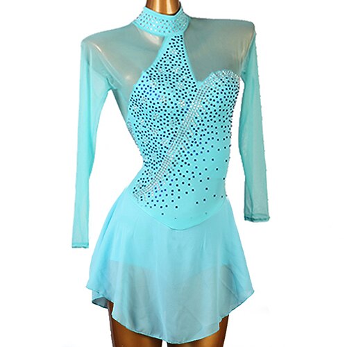 

Figure Skating Dress Women's Girls' Ice Skating Dress Outfits Sky Blue Open Back Patchwork Mesh Spandex High Elasticity Training Practice Professional Skating Wear Handmade Crystal / Rhinestone Long
