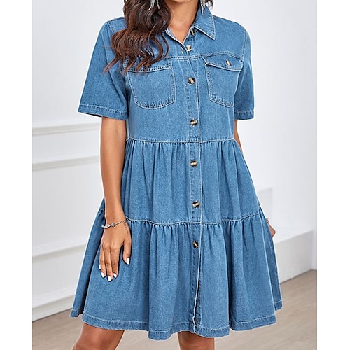 

Mujer Vestido de cambio Azul Oscuro Manga Corta Color puro Retazos Primavera Verano Cuello Camisero Holgado S M L XL XXL 3XL