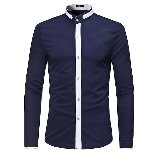 

Men's Classic Shirt Regular Fit Long Sleeve Standing Collar Color Block Cotton Blend White Black Blue 2022