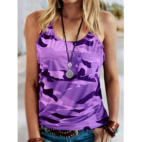 

Women's Tank Top Shirt Green Blue Purple Camouflage Print Sleeveless Going out Weekend Basic Streetwear Round Neck Regular S / 3D Print