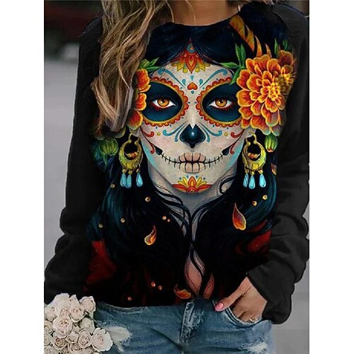 

Women's Sweatshirt Pullover Casual Black Skull Loose Fit Round Neck Long Sleeve Cotton S M L XL XXL / 3D Print