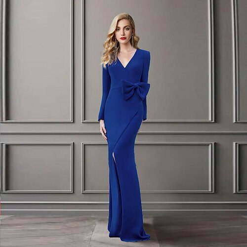 

Sheath / Column Mother of the Bride Dress Elegant V Neck Sweep / Brush Train Stretch Fabric Long Sleeve with Bow(s) Split Front 2022