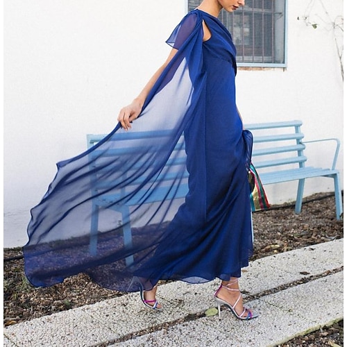 

Sheath / Column Reformation Amante Elegant Wedding Guest Formal Evening Dress One Shoulder Short Sleeve Ankle Length Chiffon with Sleek Pure Color 2022