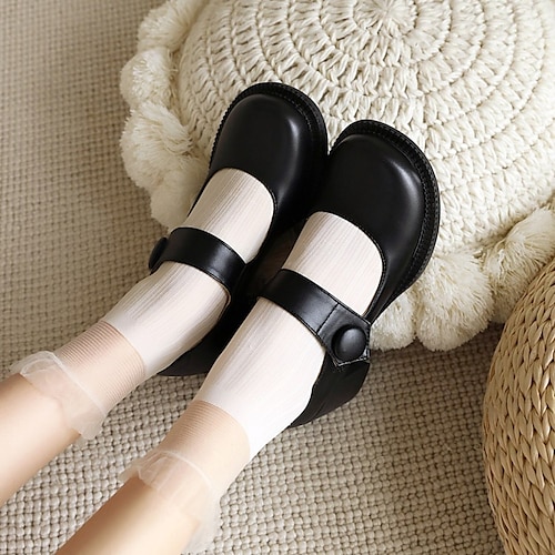 

Women's Lolita Shoes Daily Lolita Buckle Block Heel Round Toe Microfiber Ankle Strap Solid Colored Black White