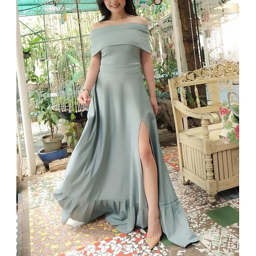 

A-Line Evening Dresses Reformation Amante Dress Wedding Guest Floor Length Short Sleeve Off Shoulder Satin with Pleats Slit 2022 / Formal Evening