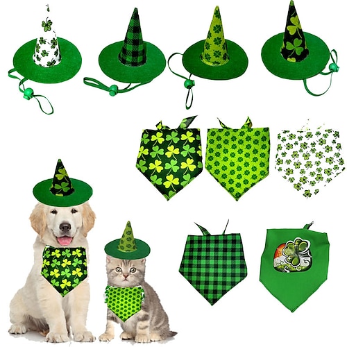 

St. Patrick's Day Dog Bandana Day Hat Shamrock Pet Scarf Irish Clover Triangle Bib Green Dog Neckerchief for Dogs Cats Pets