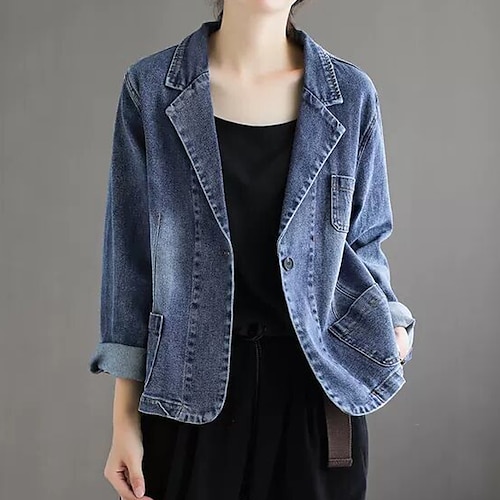 

Women's Denim Jacket Outdoor Street Daily Spring Summer Regular Coat Regular Fit Breathable Streetwear Elegant Jacket Long Sleeve Solid Color Pocket Blue