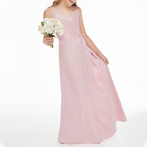 

A-Line Floor Length V Neck Satin Junior Bridesmaid Dresses&Gowns With Sash / Ribbon Wedding Party Dresses 4-16 Year