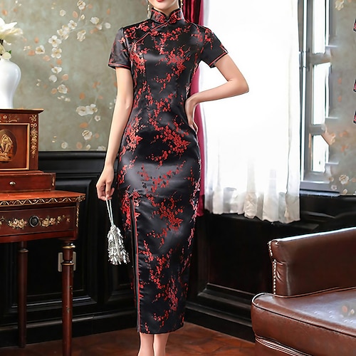 

Women's Sheath Dress Cheongsam Dress Black Gold Pink Short Sleeve Floral Embroidered Spring Summer Mandarin Collar Chinoiserie Slim 2022 S M L XL XXL 3XL 4XL