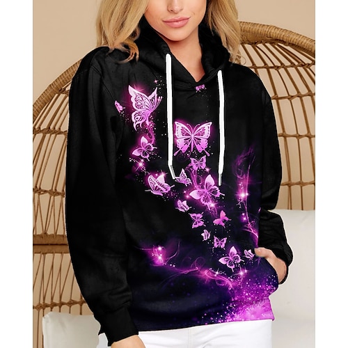 

Women's Hoodie Sweatshirt Pullover Active Streetwear Front Pocket Print Green Purple Pink Butterfly Sparkly Glittery Casual Hooded Long Sleeve S M L XL XXL 3XL