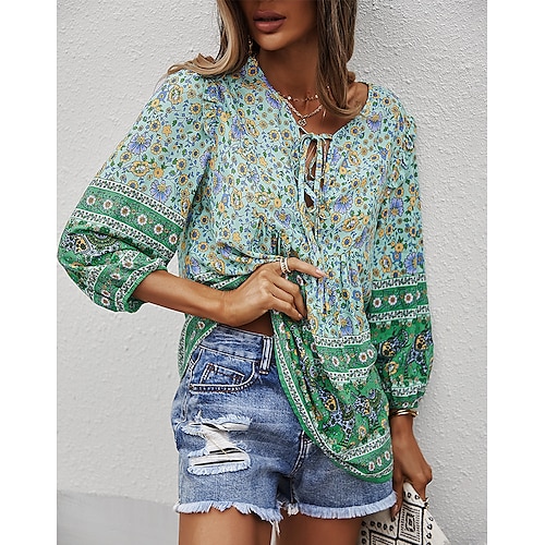 

Women's Blouse Shirt Peplum Green Yellow Red Floral Lace up Lettuce Trim Long Sleeve Holiday Weekend Streetwear Casual V Neck Regular Floral S / 3D Print / Print