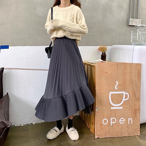 

Women's Fashion Ankle-Length Skirts Casual / Daily Weekend Solid Colored Pleated Black Gray Brown One-Size