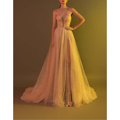 

A-Line Evening Dresses Glittering Dress Wedding Guest Court Train Sleeveless Strapless Tulle with Sash / Ribbon Sequin Slit 2022 / Formal Evening