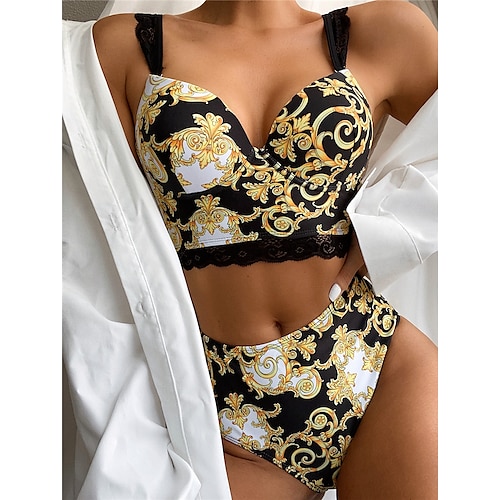 

Women's Swimwear Bikini 2 Piece Normal Swimsuit Open Back Print Floral Yellow Bandeau V Wire Bathing Suits New Vacation Sexy / Modern / Padded Bras