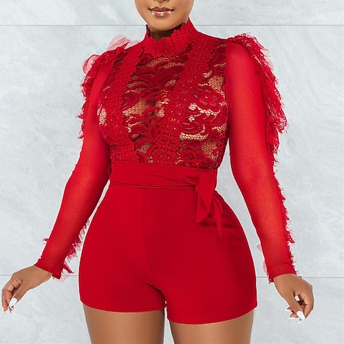 

Women's Romper Lace Mesh Solid Color Turtleneck Streetwear Street Going out Regular Fit Long Sleeve Red White Black S M L Spring