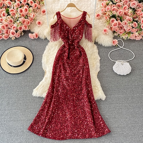 

Mulheres Tubinho Vestido maxi longo Branco Preto Rosa Cáqui Vermelho Manga 3/4 Côr Sólida Paetês Franjas Primavera Verão Gola Redonda Festa à moda Casual Festa 2022 S M L / Vestido de festa