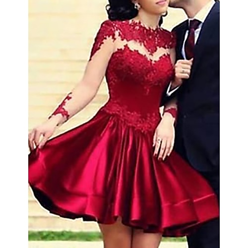 

A-Line Hot Cocktail Party Prom Valentine's Day Dress Jewel Neck Long Sleeve Short / Mini Lace with Pleats Appliques 2022