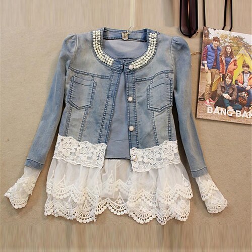

Women's Denim Jacket Outdoor Street Daily Spring Regular Coat Regular Fit Breathable Streetwear Elegant Jacket Long Sleeve Solid Color Lace Pocket Blue / Beaded