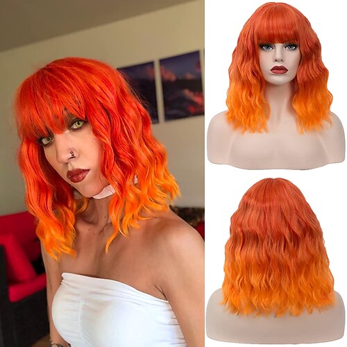 

Women's Orange Fire Wig Orange Gradient Color Wig Short Curly Hair Wavy Wig Shoulder Length Flat Bangs Wig Lady Girl Cosplay Party Halloween