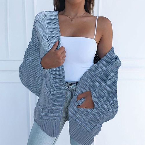 

Women's Cardigan Knitted Solid Color Stylish Basic Casual Long Sleeve Regular Fit Sweater Cardigans Open Front Fall Winter Blue Blushing Pink Black / Chunky / Going out