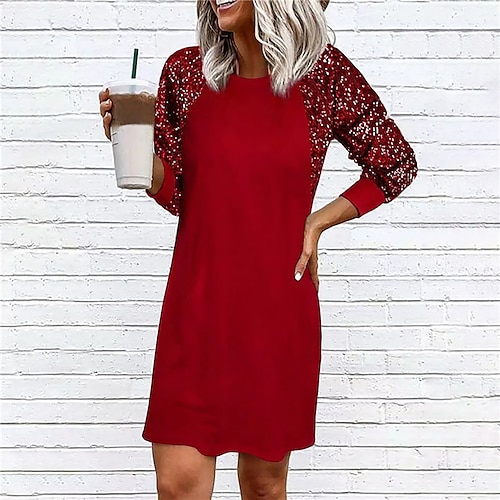 

Women's Shift Dress Short Mini Dress Green Blue Red Long Sleeve Solid Color Sequins Fall Winter Crew Neck Stylish Work Casual 2022 S M L XL XXL