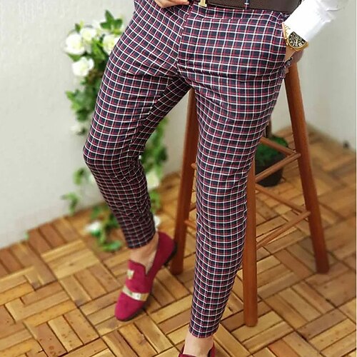 

Men's Chinos Trousers Jogger Pants Plaid Dress Pants Pocket Lattice Breathable Soft Casual Daily Fashion Streetwear Red Micro-elastic