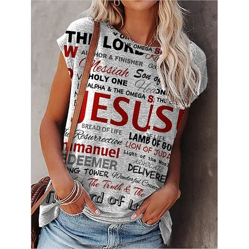 

Women's T shirt Tee Gray Letter Patchwork Print Short Sleeve Casual Daily Basic Round Neck Regular 3D Printed S