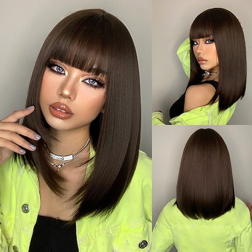 

Brown Wigs for Women Short Straight Wigs with Bangs Bob Wigs 14inch (about 35cm)