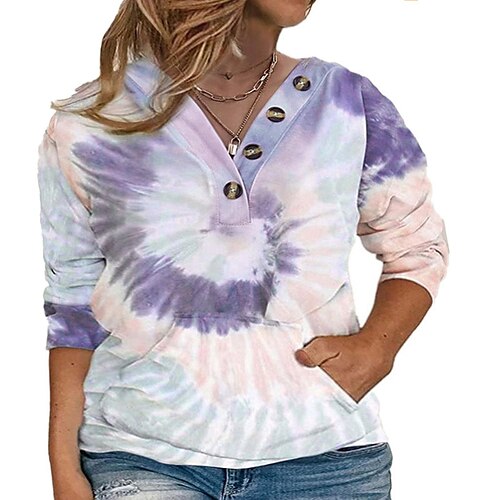 

Women's Plus Size Tops Pullover Sweatshirt Hoodie Sweatshirt Tie Dye Button Print Long Sleeve V Neck Streetwear Hoodie Preppy Daily Weekend Cotton Fall Winter Green Gray