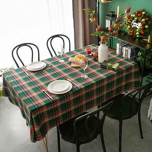 

Christmas Table Cloth Plaid Cotton Linen Table Cover DustProof for Kitchen Dinning Party Tabletop Decoration Wrinkle Free Tablecloths Rectangle