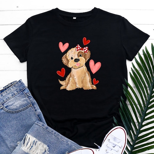 

Women's T shirt Tee Green Blue Pink Animal Dog Print Short Sleeve Home Daily Basic Vintage Round Neck Regular S / Heart
