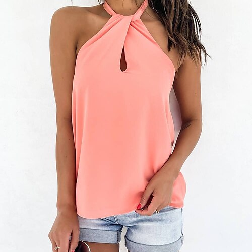 

Women's Tank Top Shirt White Plain Backless Sleeveless Holiday Weekend Streetwear Casual Halter Neck Regular S