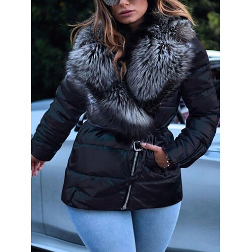 

Women's Plus Size Down Fur Trim Pocket Pure Color Outdoor Causal Long Sleeve Turndown Regular Fall Winter Silver Black L XL XXL 3XL 4XL