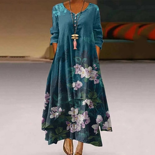 

Women's A Line Dress Maxi long Dress Green Blue White 3/4 Length Sleeve Floral Button Print Spring Summer V Neck Casual Vintage 2022 S M L XL XXL XXXL 4XL 5XL