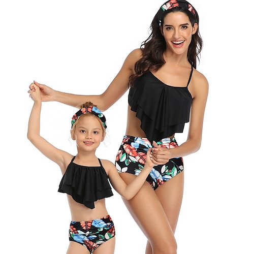

Mommy and Me Swimsuit Graphic Leaf Sports & Outdoor Ruched Black Adorable Matching Outfits / Fall / Summer / Cute / Print