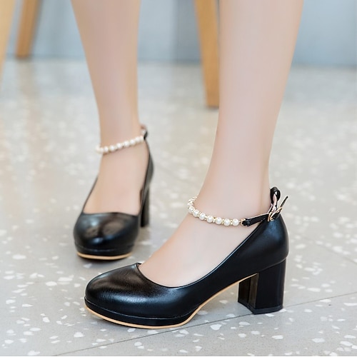 

Women's Heels Daily Pearl Buckle Chunky Heel Round Toe PU Leather Ankle Strap Solid Colored Black Rosy Pink White