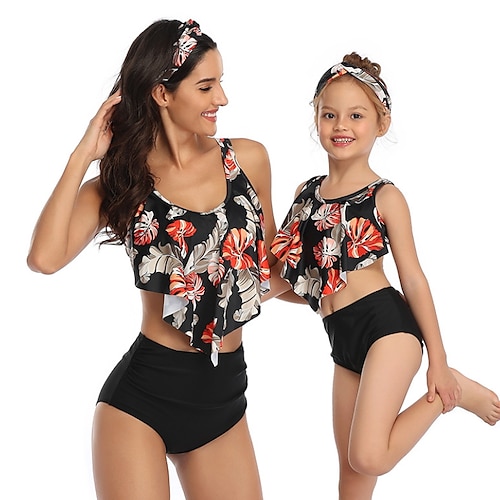 

Mommy and Me Swimsuit Floral Graphic Sports & Outdoor Print Black Adorable Matching Outfits / Fall / Summer / Cute