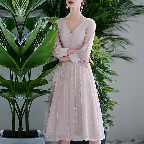 

A-Line Cocktail Dresses Glittering Dress Homecoming Knee Length 3/4 Length Sleeve V Neck Spandex with Buttons Sequin 2022 / Cocktail Party