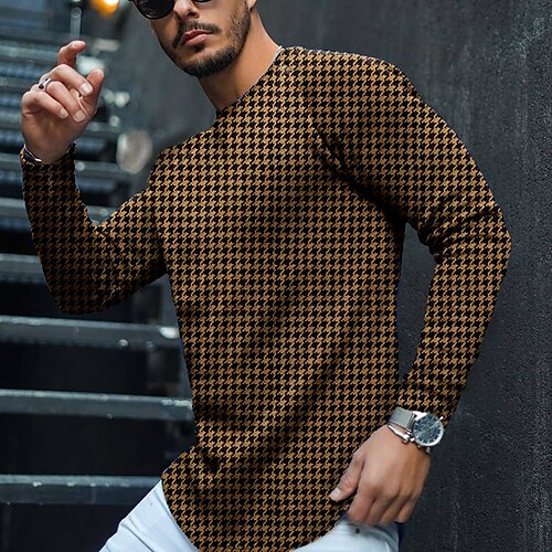 

Men's T shirt Tee Graphic Houndstooth Crew Neck Brown Casual Holiday Long Sleeve Clothing Apparel Fashion Lightweight Muscle Big and Tall