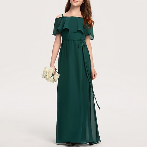 

A-Line Floor Length Off Shoulder Chiffon Junior Bridesmaid Dresses&Gowns With Sash / Ribbon Wedding Party Dresses 4-16 Year