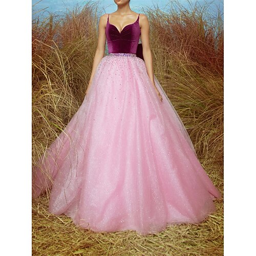 

Ball Gown Prom Dresses Color Block Dress Quinceanera Floor Length Sleeveless V Neck Tulle with Bow(s) Sequin Splicing 2022 / Celebrity Style / Formal Evening