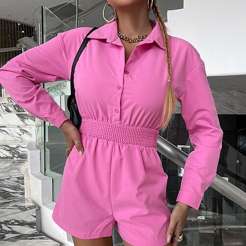 

Women's Romper Button Solid Color Shirt Collar Active Street Vacation Baggy Shorts Regular Fit Long Sleeve Red S M L Spring