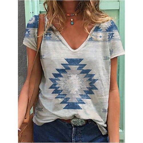 

Women's T shirt Tee Green Blue Red Tribal Patchwork Print Short Sleeve Casual Daily Vintage Ethnic V Neck Regular Geometric S / 3D Print