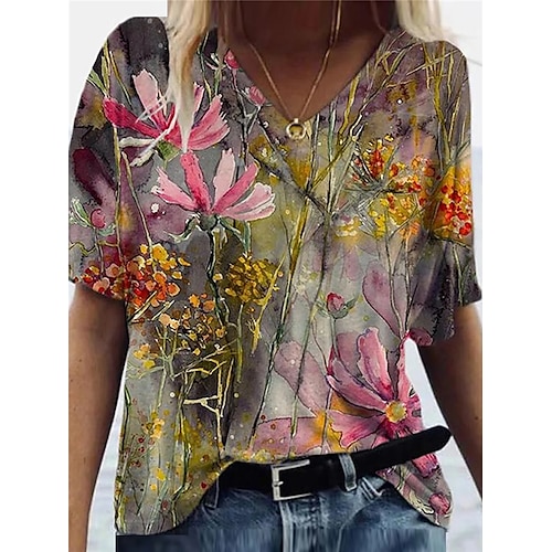 

Women's T shirt Tee Rainbow Floral Plants Print Short Sleeve Casual Daily Basic V Neck Regular Floral S / 3D Print