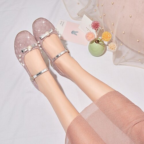 

Women's Flats Daily Mary Jane Rhinestone Buckle Chunky Heel Round Toe PVC Ankle Strap Striped Silver Gold Rosy Pink